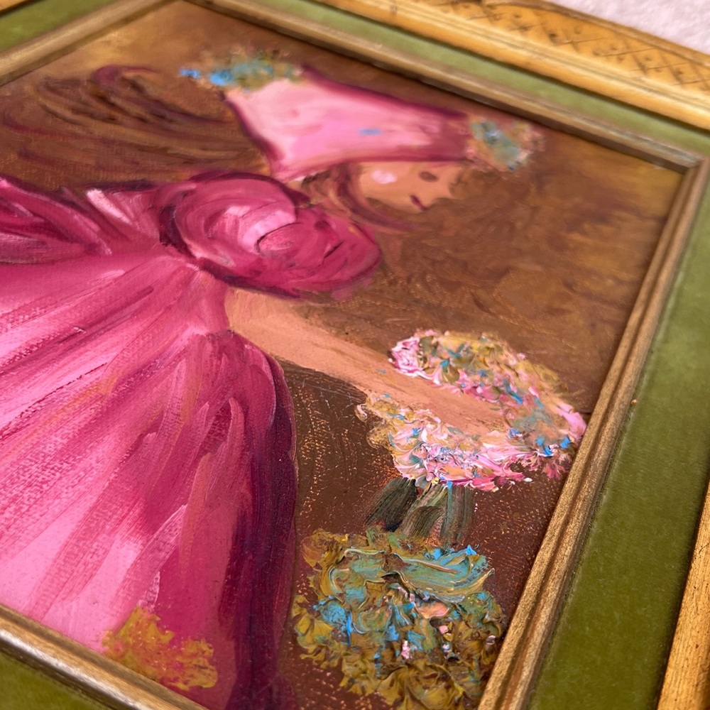 Vintage Italy Signed Oil Painting Gold Gilt Green Velvet Frame Girl W Flowers - Picture 3 of 16